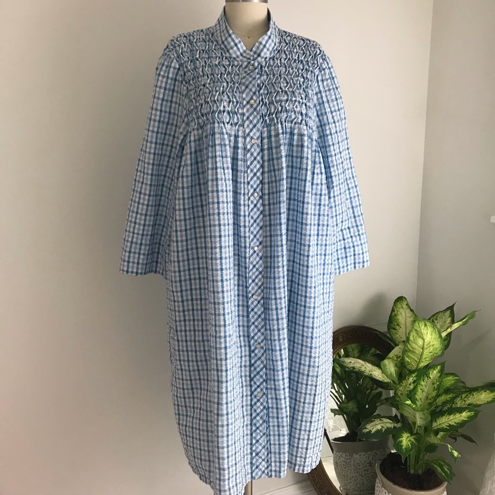 Vintage Blue & White Seersucker Robe with Smocked Bodice